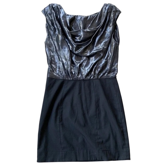 Shoshanna Silk Draped Shimmer Cocktail Mini Dress Metallic Gray Black Size 8 - Picture 2 of 8